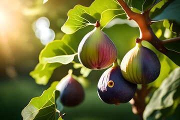 Close up view, fresh fig on tree in garden, sun light also present.  - obrazy, fototapety, plakaty