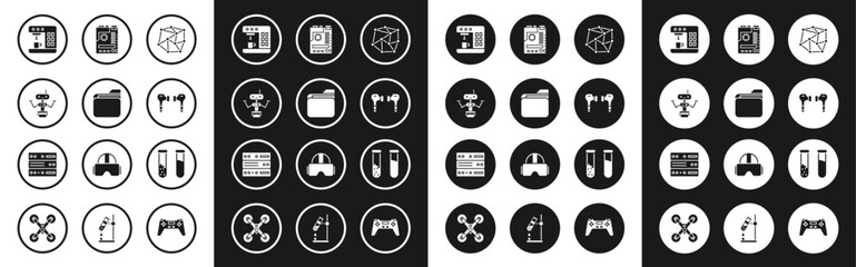 Set Neural network, Document folder, Robot, Coffee machine, Air headphones, Motherboard, Test tube and flask and Server, Data, Web Hosting icon. Vector - obrazy, fototapety, plakaty