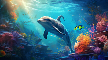 Fototapeta na wymiar Dolphin swims