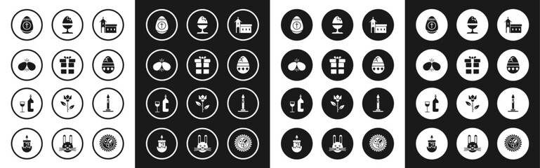 Set Church building, Gift box, Easter eggs, Cracked, Chicken on stand, Burning candle candlestick and Wine bottle with glass icon. Vector