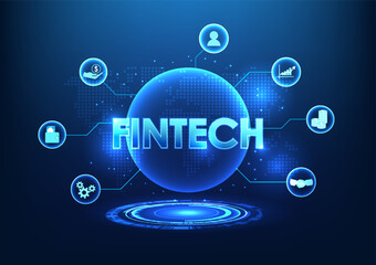Financial technology Fintech connected technology circle with icons It shows finance that uses technology to reach users. More convenient and safer. Background images. Vector illustrations.