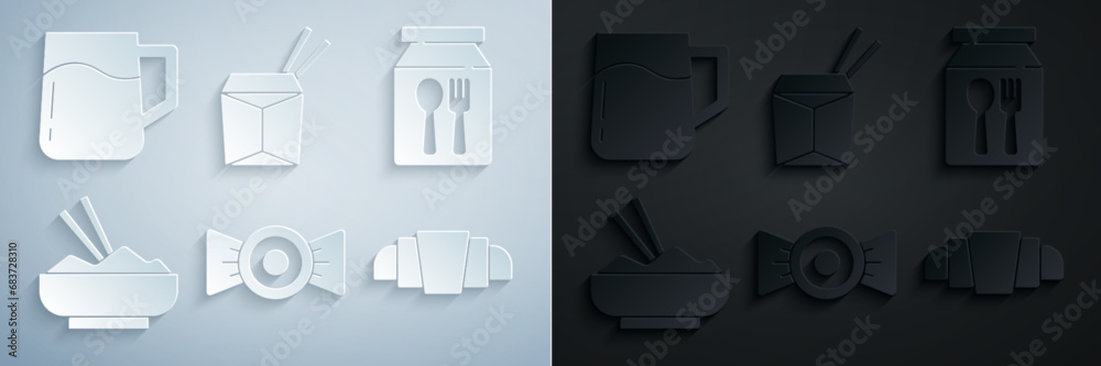 Canvas Prints Set Candy, Online ordering delivery, Rice bowl with chopstick, Croissant, Asian noodles chopsticks and Wooden beer mug icon. Vector