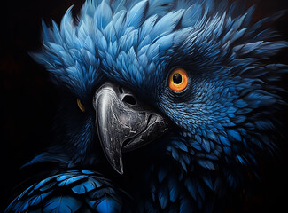 Fototapeta premium A Colorful Beautyful parrot Bird in blue and Gold Feathers, perfect closeup portrait, Dark Dramatic light.