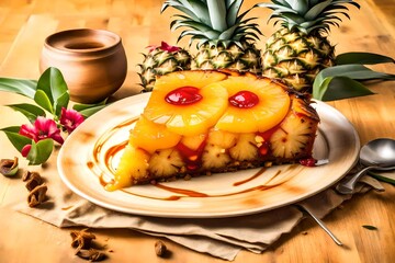 A heavenly slice of Pineapple Upside-Down Cake, a caramelized tropical wonder. 