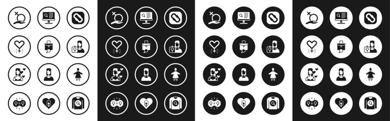 Fototapeta premium Set Sanitary napkin, Work for female, Feminism, Female gender, Feminist activist, Dating app, and Love yourself icon. Vector