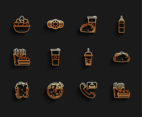 Set line Sandwich, Pizza, Popcorn in bowl, Food ordering, Burger french fries carton package box, Paper glass water, Taco with tortilla and Glass of lemonade drinking straw icon. Vector