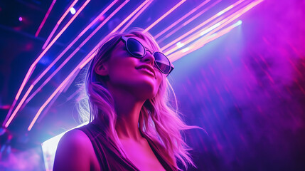 Portrait of a happy girl in a night club with purple and pink spotlight wearing sunglasses. Young...