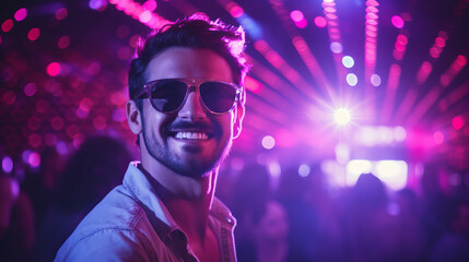 Portrait of a happy guy in a night club with purple and pink spotlight wearing sunglasses. Young...