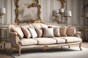 Render a luxurious French Provincial sofa scene with opulent details and soft color palette.  - obrazy, fototapety, plakaty