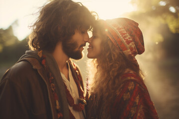 Portrait of a hippie couple kissing , peace and love concept image