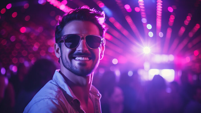 Portrait of a happy guy in a night club with purple and pink spotlight wearing sunglasses. Young man in a nightclub with laser lights