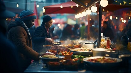 a group of people standing around a table with food on it - obrazy, fototapety, plakaty