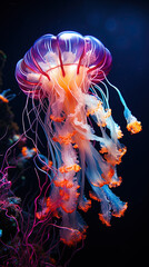Glowing Jellyfish in The Sea Blurry Background - obrazy, fototapety, plakaty