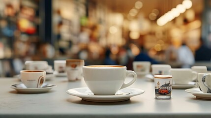 a table with cups and saucers - obrazy, fototapety, plakaty