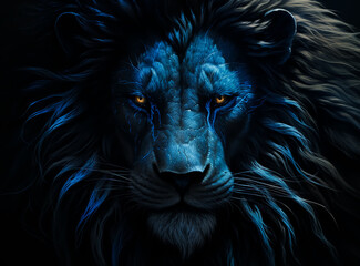 Blue and Bronze Lion head, Golden hairy King Lion, fantasy portrait, 