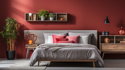 Grey Blanket on Red Bed in Natural Bedroom Interior With Plants And Wooden Cabinet Background