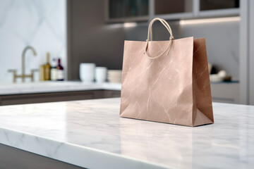 Close up of empty brown paper shopping bag on white marble countertop in kitchen. Shopping concept of echo and lifestyle. - obrazy, fototapety, plakaty