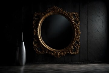 artistic view, a horor mirror beside the black wall, 8k.  - obrazy, fototapety, plakaty