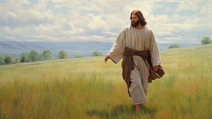 Jesus Christ walks through a picturesque area and prays to God.