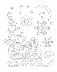 Sleigh with Christmas gifts and festive tree. Coloring.