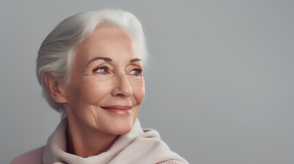 Portrait of a beautiful well-groomed elderly woman with gray hair and blue eyes on a gray background.