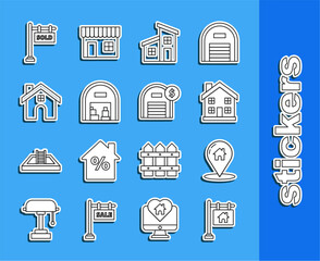 Set line Hanging sign with text Sale, Map pointer house, Home symbol, House, Warehouse, Sold and dollar icon. Vector