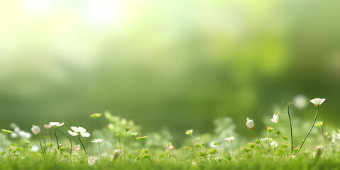 Summer spring nature background with wildflowers on the grass of a forest clearing with sunlight and bokeh effect.