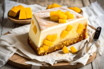 Mango Lassi Cake, a tropical escape with the flavors of mango and yogurt. 