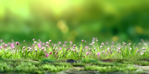 Summer spring nature background with wildflowers on the grass of a forest clearing with sunlight and bokeh effect.