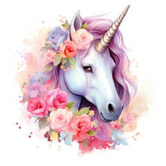 Cute colorful magic unicorn with flowers Illustration, Generative Ai
