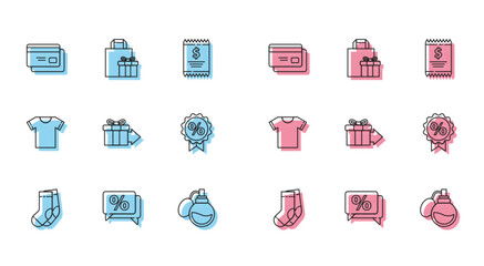 Set line Socks, Discount percent tag, Credit card, Perfume, Gift box, T-shirt and icon. Vector