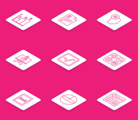 Set line Graph, schedule, chart, diagram, Infinity, Test or exam sheet, XYZ Coordinate system, Open book, Square root, Calculation and Calculator icon. Vector