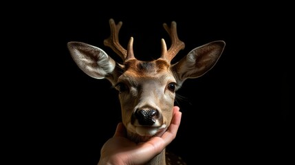 The face of a deer and the hand of a man