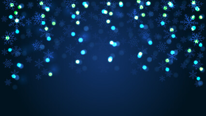 Navy christmas background with snowflakes and bokeh