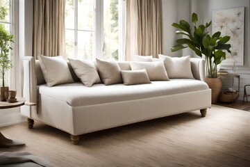 Craft a serene Daybed Sofa image with soft, natural lighting for a relaxing atmosphere. 
