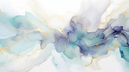Foto op Canvas Abstract marbled ink liquid fluid watercolor painting texture banner illustration - Soft blue purp petals, blossom flower flowers swirls gold painted lines, isolated on white background, generative ai © pawczar