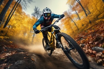 A person riding a bicycle through a colorful autumn forest.