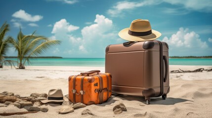 a suitcase, hat, camera and beach background commercial imagery,