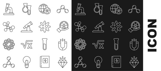 Set line Diamond, Magnet, Radioactive, Planet earth and radiation, Telescope, Molecule, Microscope and Virus icon. Vector