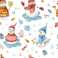 Watercolor, seamless pattern with winter snowmen in cartoon style.