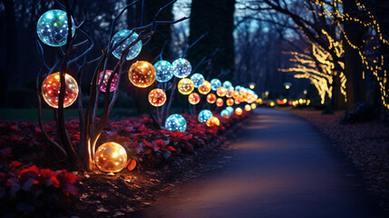 Beautiful festive illuminations in a park. Selective