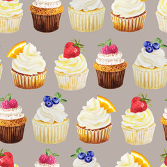 Watercolor seamless pattern of sweet cupcakes with fruits. Cliparts isolated for different cafe menu or food designs