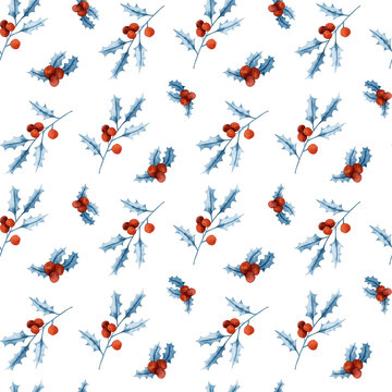 Watercolor seamless pattern with blue leaves and red berries.