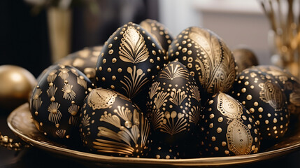 Black and gold Easter eggs. Easter decoration - obrazy, fototapety, plakaty