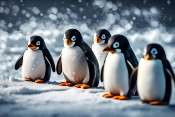 Obraz premium artistic view, some litle and cut penguin toy on snowy table, in row. 