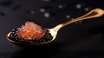 Black Caviar in spoon, top view of sturgeon black caviar close-up. Delicatessen backdrop. Texture of expensive luxury caviar background. Recipe menu restaurant. Generative ai. - obrazy, fototapety, plakaty