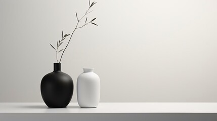a couple of vases sit on a shelf
