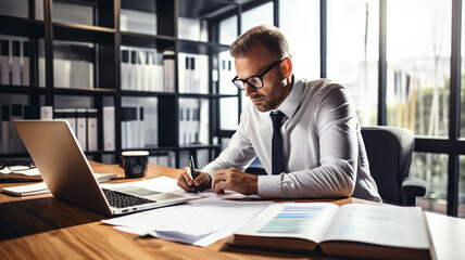 Businessman working on desk in office. finance and accounting concept
