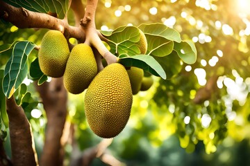 Close up view ,fresh jackfruit on tree in garden, sun light also present.  - obrazy, fototapety, plakaty