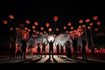 Obraz premium A group of people in a dark night square release glowing red Chinese lanterns to fly into the sky. Happy Chinese New Year celebration.